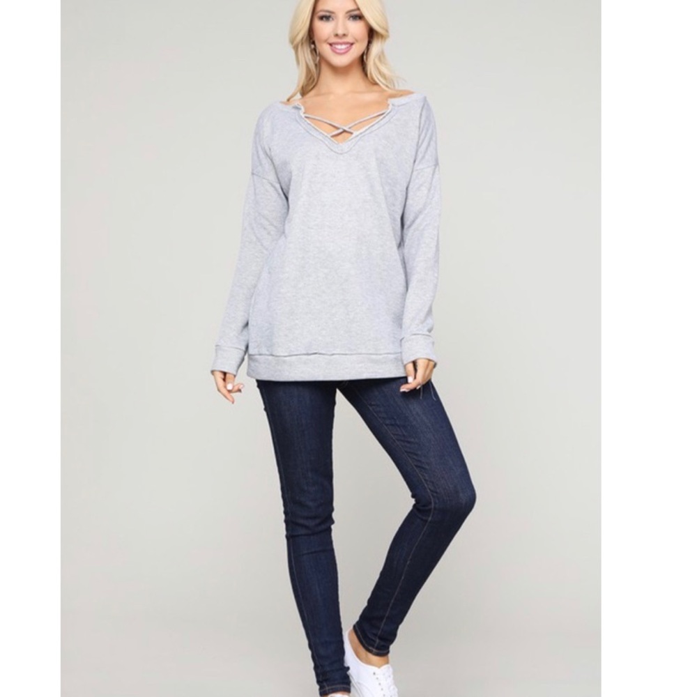 NEW! V-Neck Crisscross Top in Heather Gray! - Picture 3 of 4
